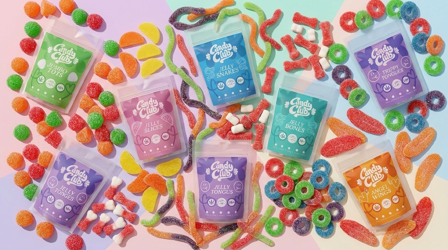 The full Candy Club range — gummy pouches laid out with scattered gummies