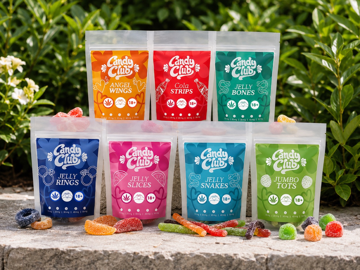 The full Candy Club range displayed outdoors on stone