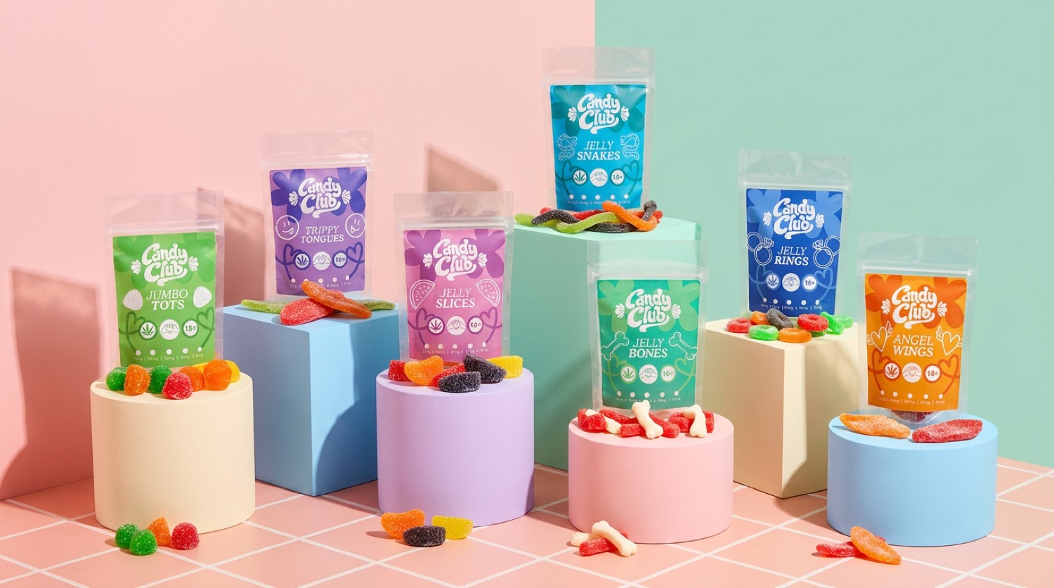 The Candy Club pouches displayed on pastel pedestals