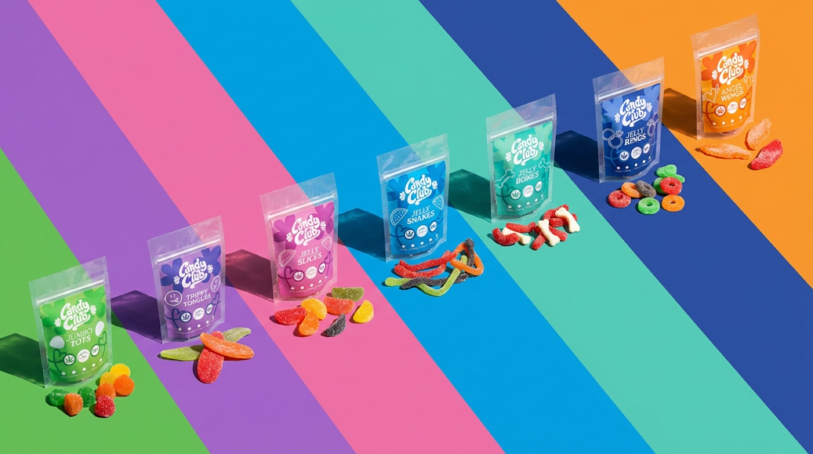 The Candy Club product lineup — pouches of gummies arranged across colourful diagonal stripes